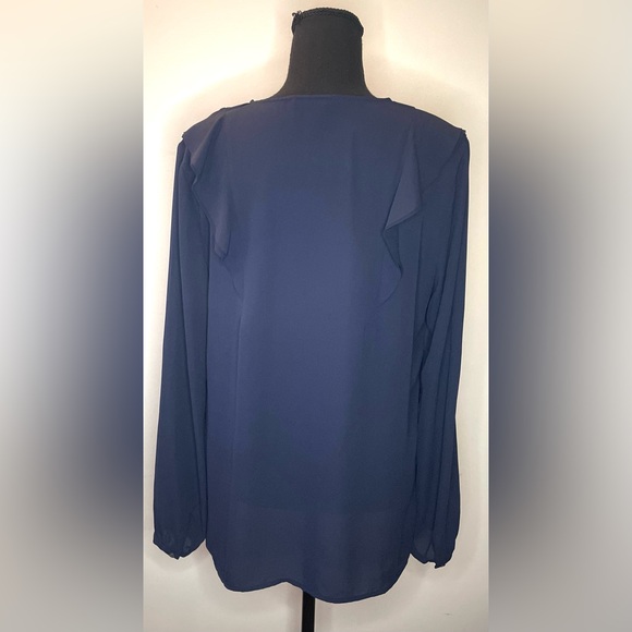Banana Republic-Navy blue Ruffled‎ Long-Sleeve Blouse Size M - Picture 4 of 6